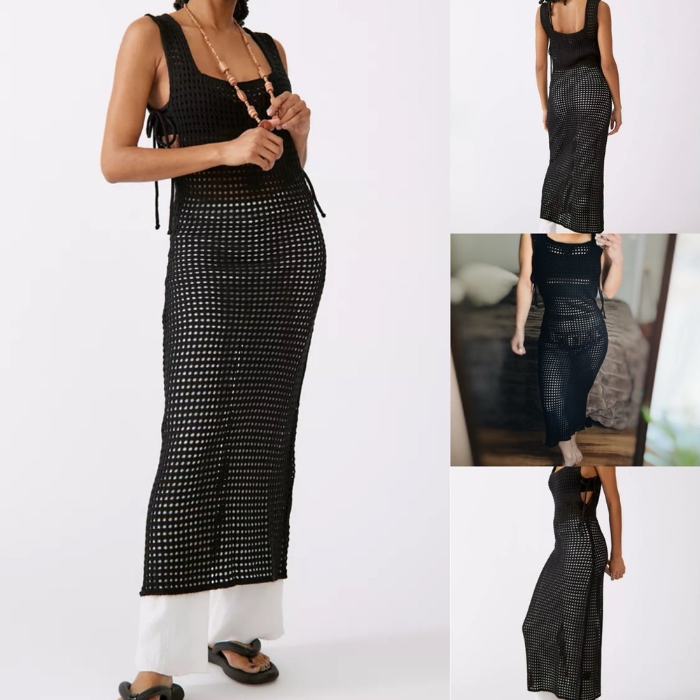 NWT Urban Outfitters Paula Crochet Midi Dress in Black open weave